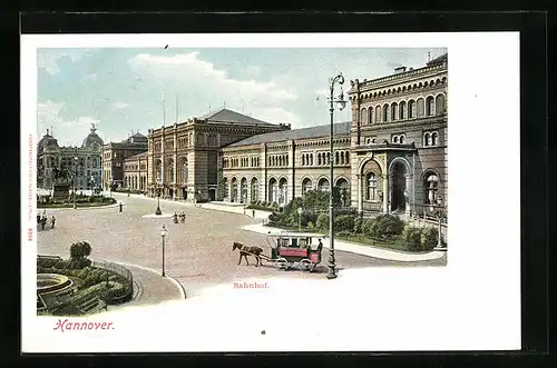 AK Hannover, Bahnhof mit Denkmal und Pferdewagen