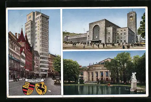 AK Stuttgart, Tagblatt-Turmhaus, Hauptbahnhof, Landestheater