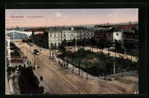 AK Chemnitz, Hauptbahnhof mit Strassenbahn