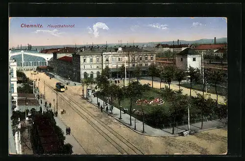 AK Chemnitz, Hauptbahnhof mit Strassenbahn