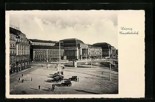 AK Leipzig, Hauptbahnhof mit Hotel Astoria und Strassenbahn