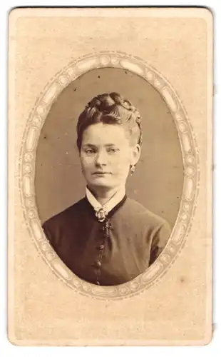 Fotografie Julius Nary, Bernburg, Langestrasse Nr. 20, Dame mit hochgesteckten Haaren und Ohrringen
