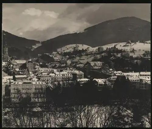 Fotografie Gustav Salzer, Baden-Baden, Ansicht Baden-Baden, Stadt-Panorama im Winter, Grossformat 25 x 20cm