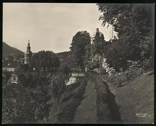 Fotografie Gustav Salzer, Baden-Baden, Ansicht Baden-Baden, Blick vom Schlossgarten, Dagobertsturm, Grossformat 27 x 22cm
