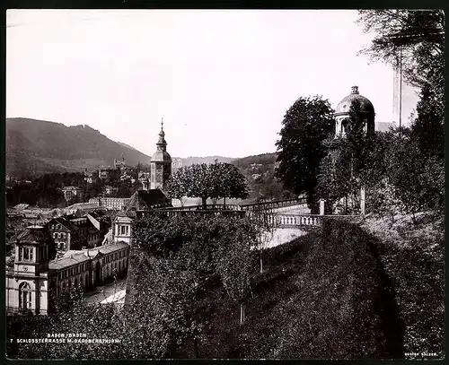 Fotografie Gustav Salzer, Baden-Baden, Ansicht Baden-Baden, Blick von der Schlossterrasse, Dagobertsturm, 27 x 22cm