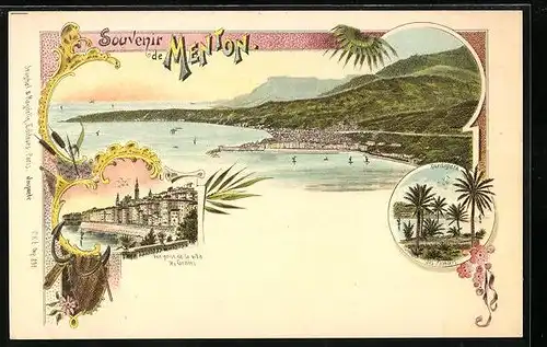 Lithographie Menton, Vue prise de la villa les Grottes, Bordighera