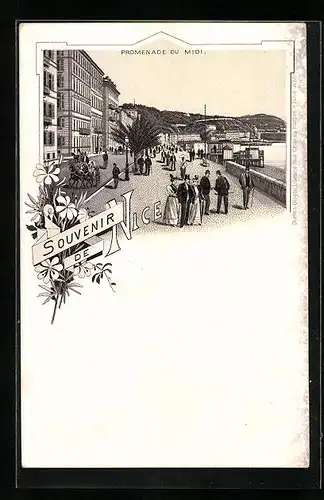 Lithographie Nice, Promenade du Midi