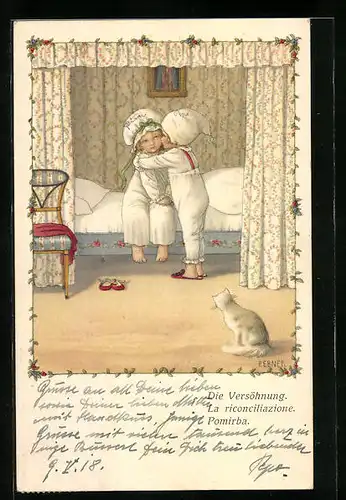 Künstler-AK Pauli Ebner: Die Versöhnung, Junge umarmt Mädchen am Bett