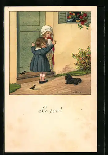 Künstler-AK Pauli Ebner: La peur!, Zwei Mädchen mit Hund vor der Haustür