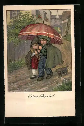 Künstler-AK Pauli Ebner: Kinderpaar mit einem Regenschirm
