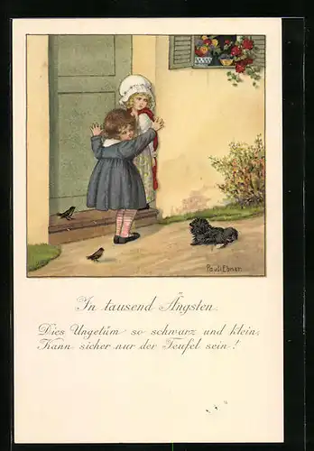 Künstler-AK Pauli Ebner: In tausend Ängsten, Zwei Mädchen mit Hund vor der Haustür