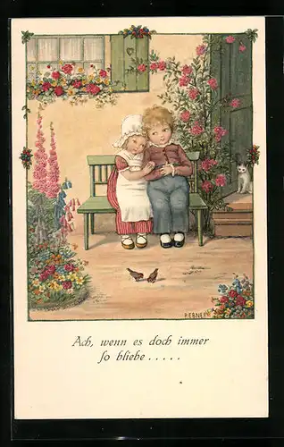 Künstler-AK Pauli Ebner: Kinderpaar sitzt vor dem Haus