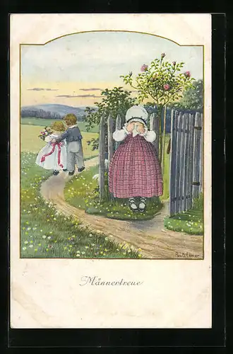 Künstler-AK Pauli Ebner: Männertreue, Kinderpaar und weinendes Mädchen