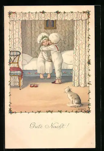 Künstler-AK Pauli Ebner: Gute Nacht!, Junge umarmt Mädchen am Bett