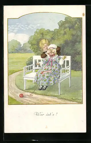 Künstler-AK Pauli Ebner: Wer ist`s?, Junge hält Mädchen die Augen zu