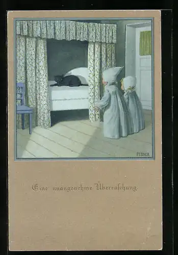 Künstler-AK Pauli Ebner: Zwei Kinder finden Katze im Bett