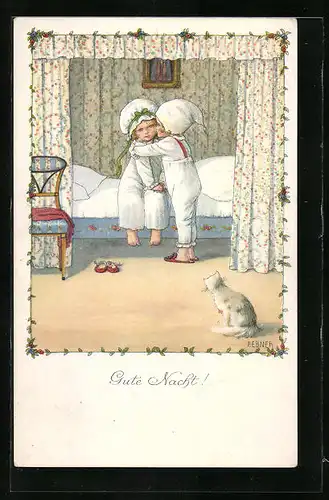 Künstler-AK Pauli Ebner: Gute Nacht!, Junge umarmt Mädchen am Bett