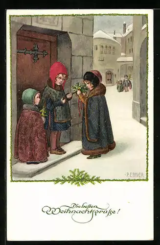 Künstler-AK Pauli Ebner: Drei Kinder vor der Kirche im Winter, Weihnachtsgruss