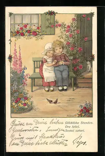 Künstler-AK Pauli Ebner: Kinderpaar sitzt vor dem Haus