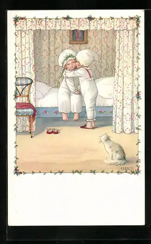 Künstler-AK Pauli Ebner: Junge umarmt Mädchen am Bett