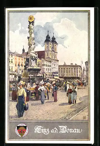 AK Deutscher Schulverein Nr. 400: Linz a. d. Donau, Belebter Hauptplatz mit Pestsäule
