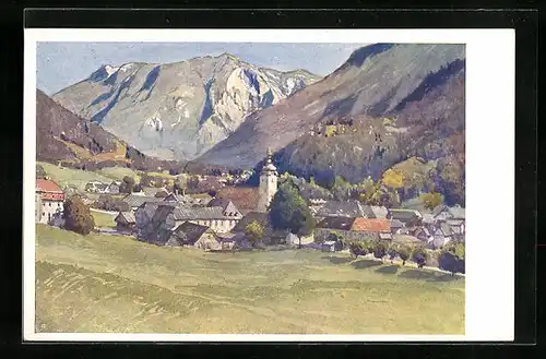 AK Deutscher Schulverein Nr. 1690: Lunz a. d. Ybbstalbahn, Ortsansicht mit Gebirge
