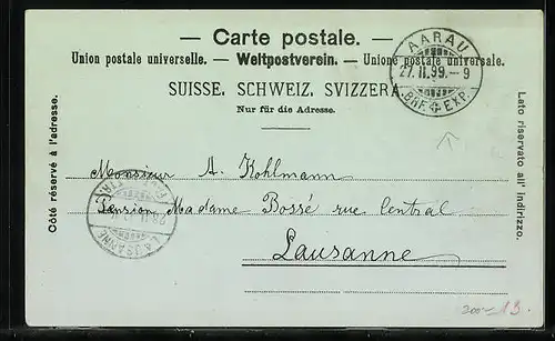 Mondschein-AK Aarau, Ortsansicht mit Fluss aus der Vogelschau