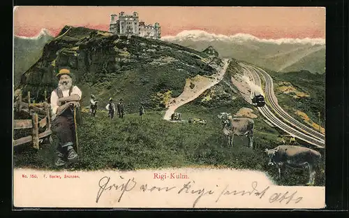 AK Rigi-Kulm, Bauer mit seinen Kühen auf einer Weide