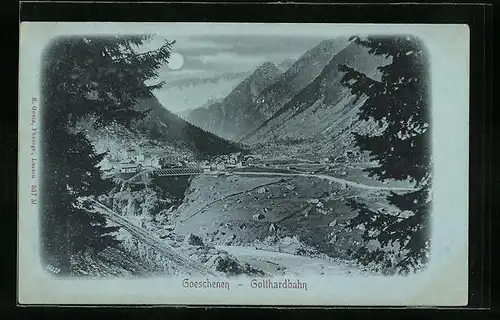 Mondschein-AK Goeschenen, Ortsansicht mit Gotthardbahn