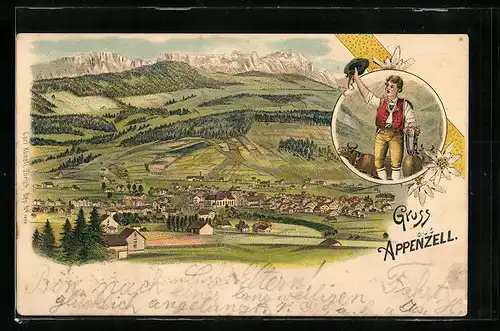 Lithographie Appenzell, Totalansicht aus der Ferne