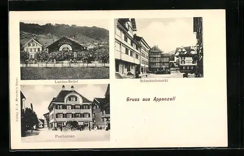AK Appenzell, Gasthaus Landes-Relief, Schmäuslemarkt und Postbüro
