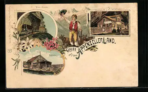 Lithographie Appenzell, Gasthaus z. Wildkirchli, Ebenalp