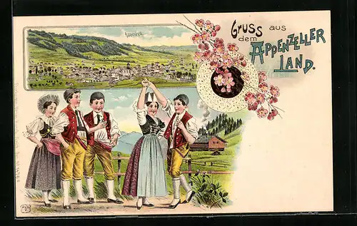 Lithographie Appenzell, Totalansicht, Kinder in Trachten