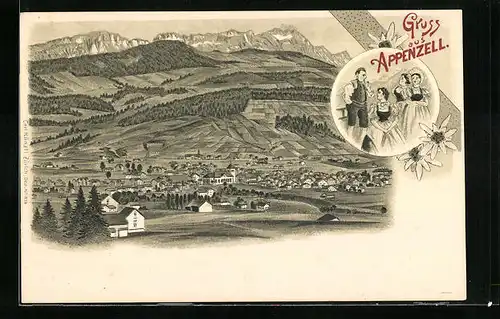 Lithographie Appenzell, Totalansicht aus der Ferne