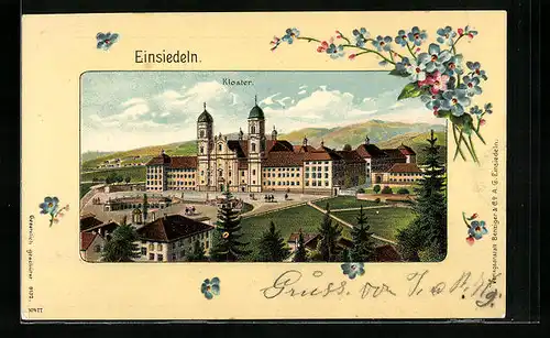 Passepartout-Lithographie Einsiedeln, Ansicht des Klosters