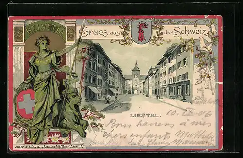 Passepartout-Lithographie Liestal, Strassenpartie mit Passanten, Helvetia und Wappen