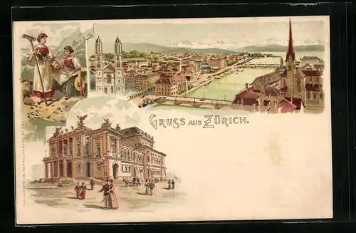 Lithographie Zürich, Totalansicht mit Kirche und Theater
