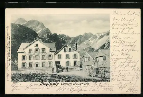 AK Meglisalp b. Appenzell, Gasthaus Meglisalp mit Gebirgslandschaft