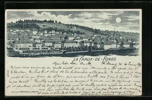 Mondschein-Lithographie La-Chaux-de-Fonds, Totalansicht aus der Vogelschau