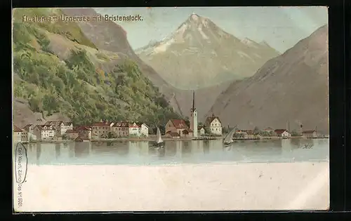 Lithographie Flüelen am Urnersee, Ortsansicht mit Bristenstock