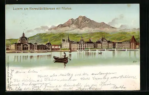 Lithographie Luzern am Vierwaldstättersee, Totalansicht vom See mit Pilatus