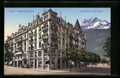 AK Luzern, Schiller-Hotel Garni, Pilatusstrasse mit Pilatus