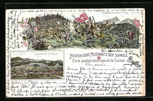 Lithographie Appenzell, Gesamtansicht aus der Ferne, Schlacht am Stoss 1405