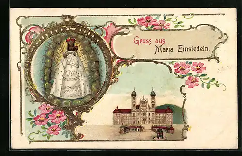 Lithographie Einsiedeln, Ansicht des Klosters Maria Einsiedeln, Gnadenbild