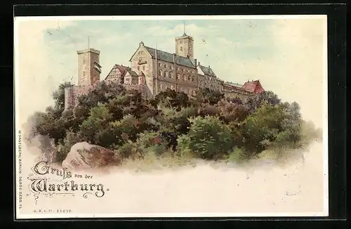 Lithographie Eisenach, Ansicht der Wartburg, Halt gegen das Licht: Nächtliche Fensterbeleuchtung