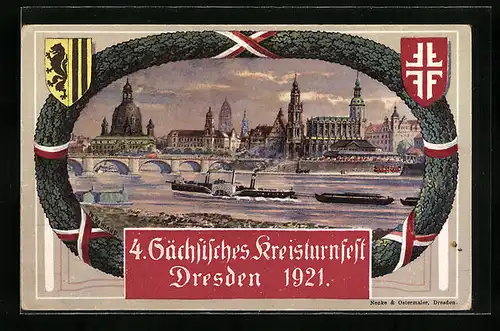 Künstler-AK Dresden, 4. Sächsisches Kreisturnfest 1921, Stadtpanorama von der Friedrich-Augustbrücke aus mit Elbdampfer