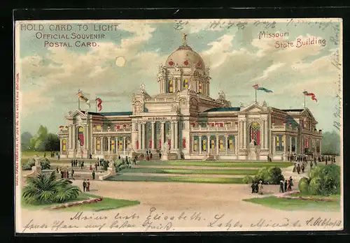 Lithographie St. Louis, Wold`s Fair 1904, Missouri State Building, Halt gegen das Licht mit leuchtenden Fenstern