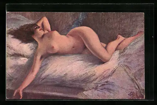 Künstler-AK Albert Guillaume: Nackte Dame posiert im Bett, Liebesträumerei