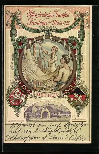 Künstler-AK Frankfurt a. M., Elftes deutsches Turnfest 1908 mit Wappen