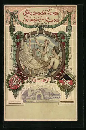 Künstler-AK Frankfurt a. M., Elftes deutsches Turnfest 1908 mit Wappen